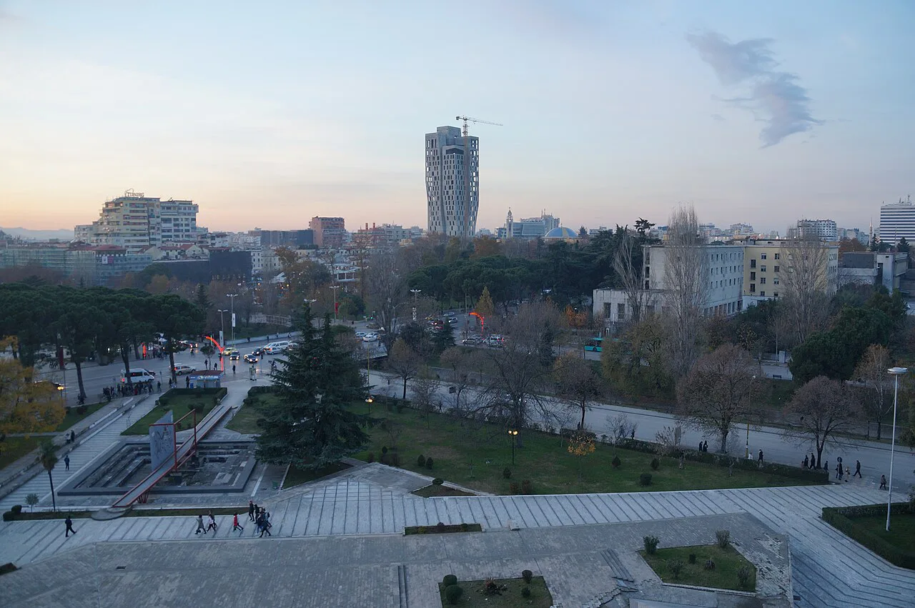 Dusk over Tirana seen from the top of the Pyramid.
