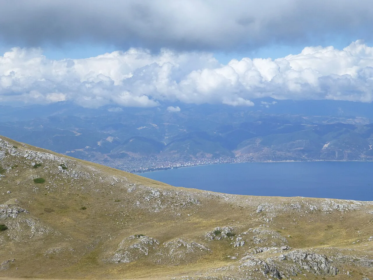 Lake Ohrid seen from the Galičica mountains on the North Macedonian side.