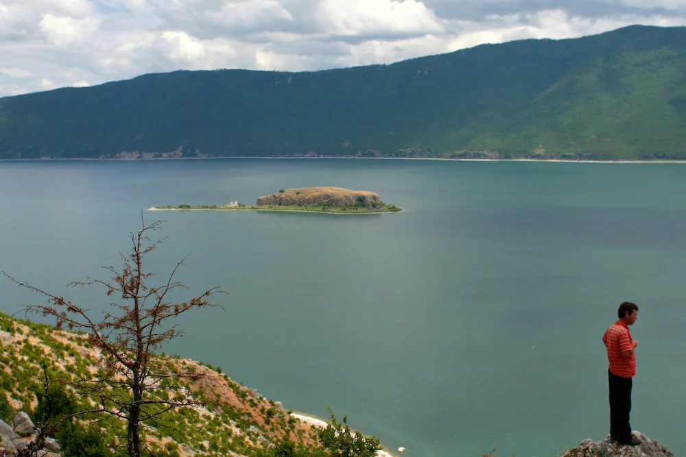 Lake Prespa in Albania with the island of Maligrad.