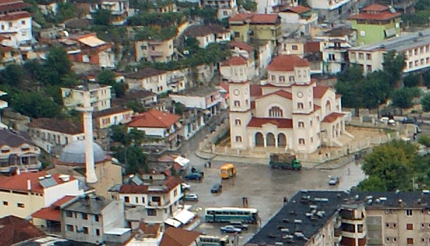 The Lead Mosque and the Orthodox cathedral in central Berat, seen from above.