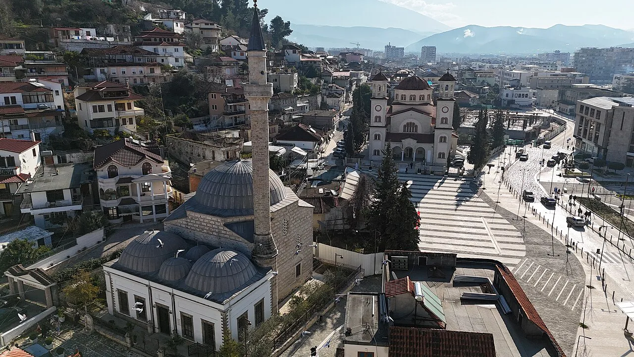 Aerial view of the Lead Mosque and St Demetrius Cathedral in Berat.
