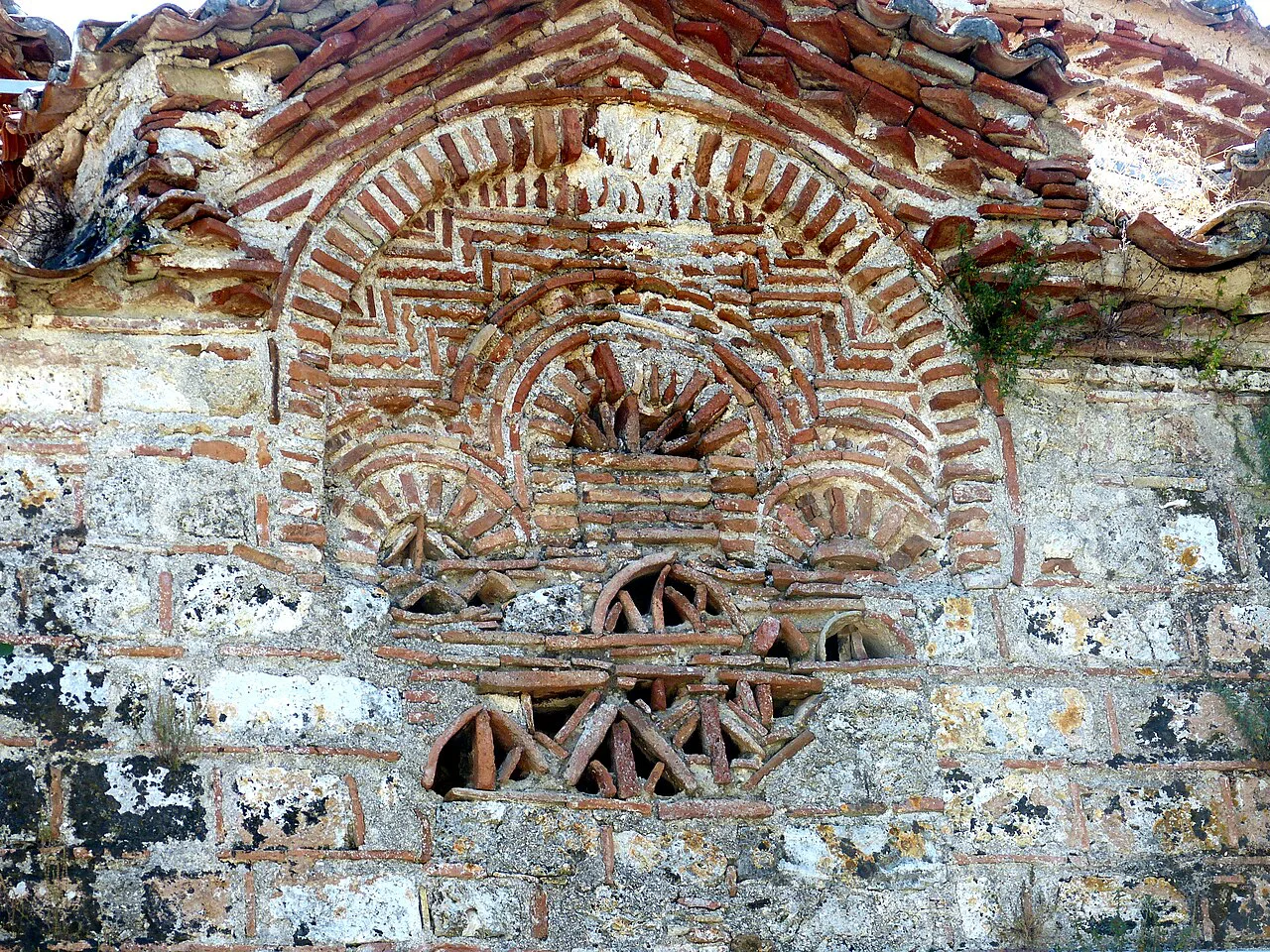 Decorative brickwork on the walls of St Nicholas at Mesopotam.