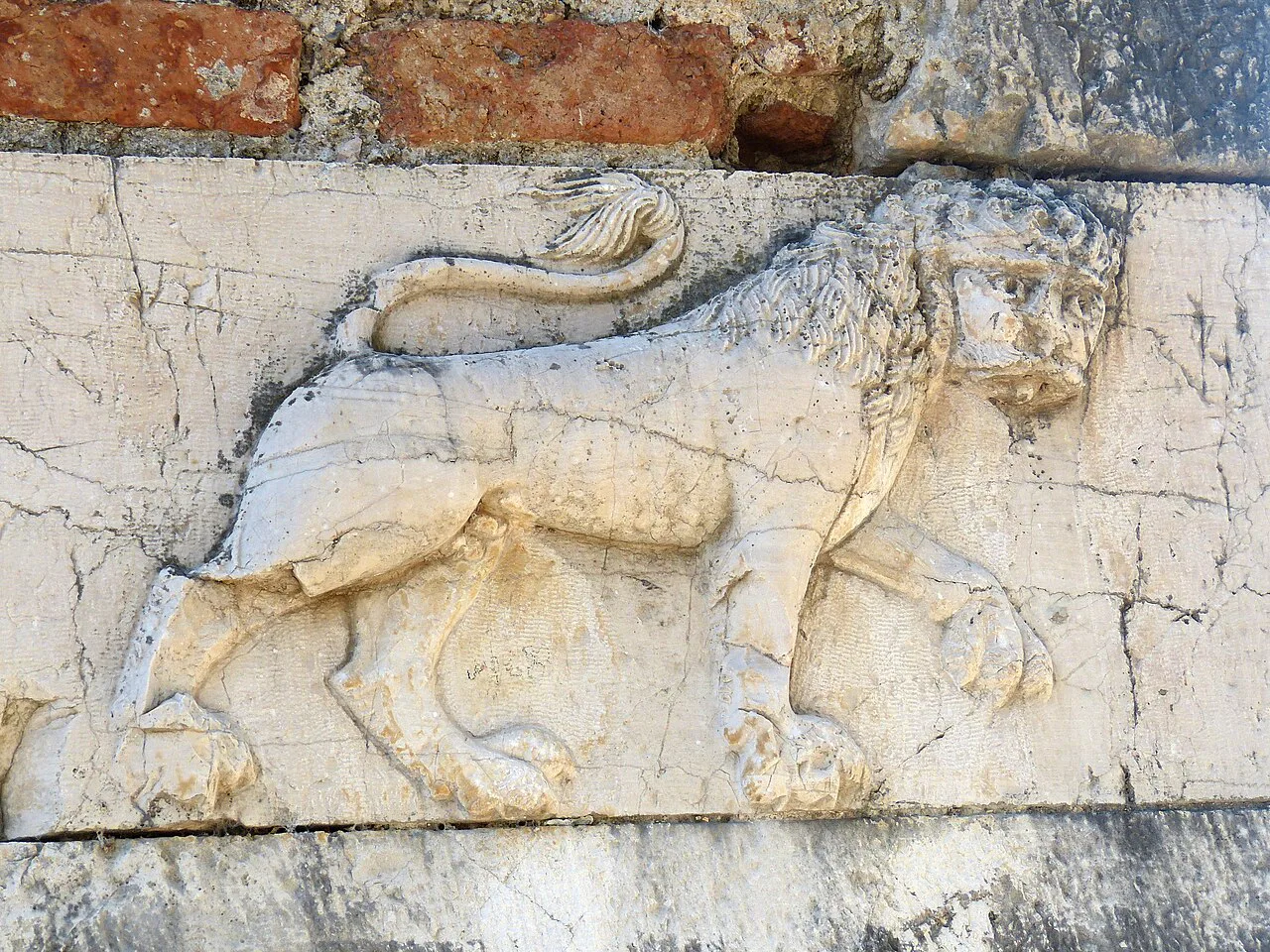 A carved lion relief on the church at Mesopotam.