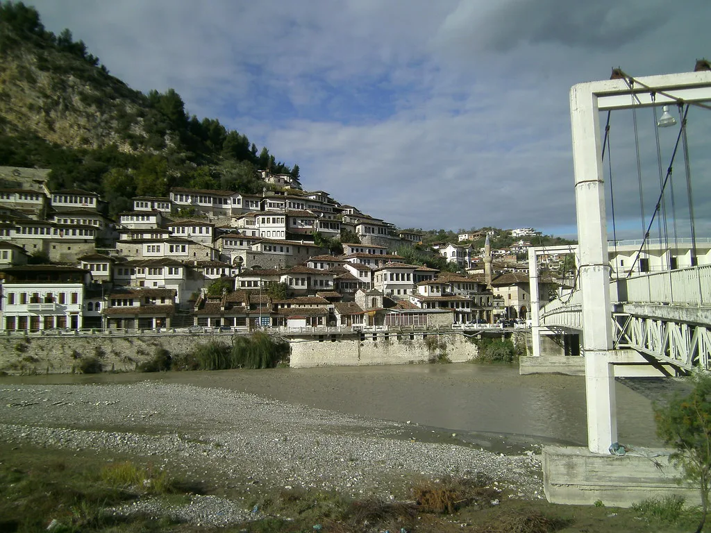 The footbridge over the Osum River and the hillside houses of Berat.