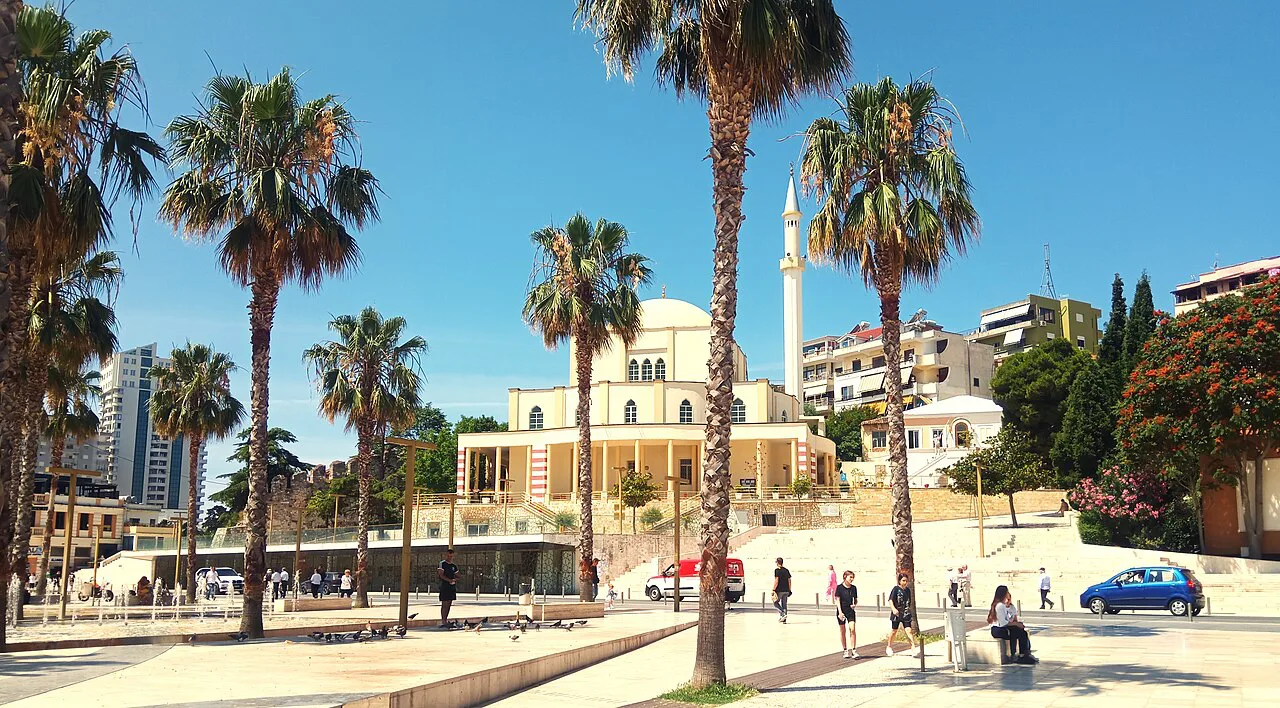 Palm trees in front of the Great Mosque of Durrës.