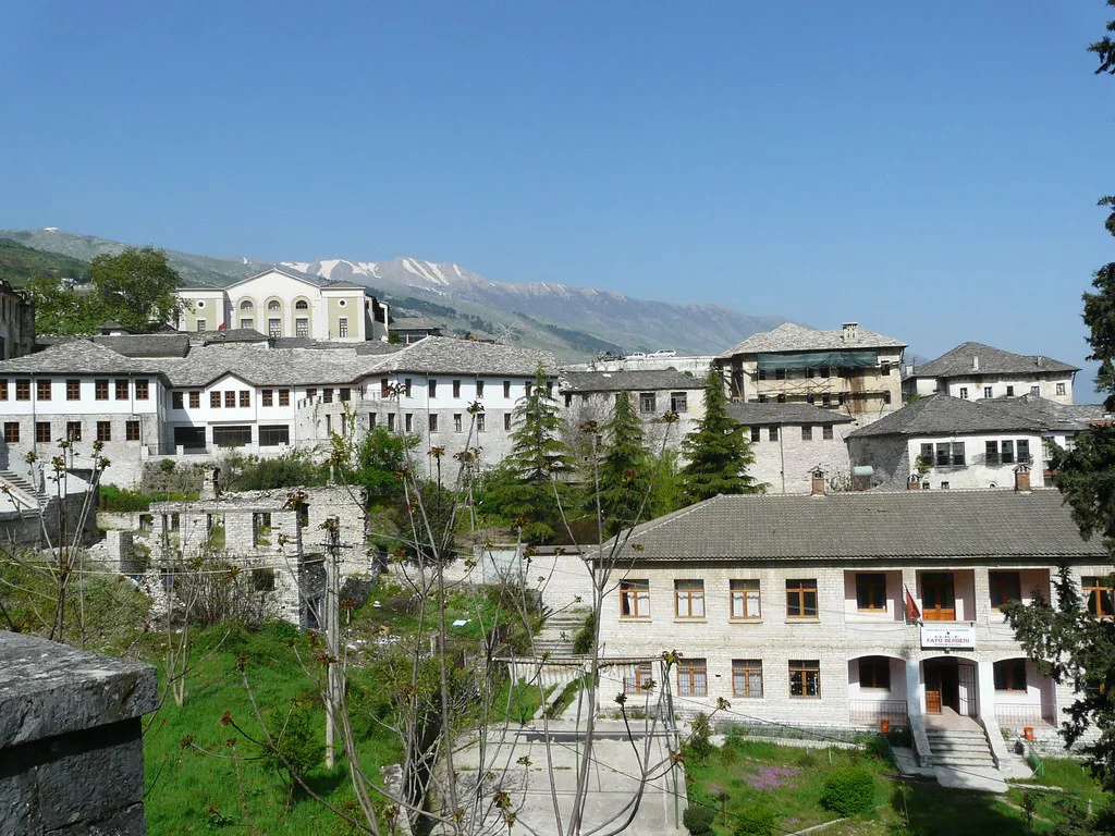Traditional stone-roofed houses in the old town of Gjirokastër.
