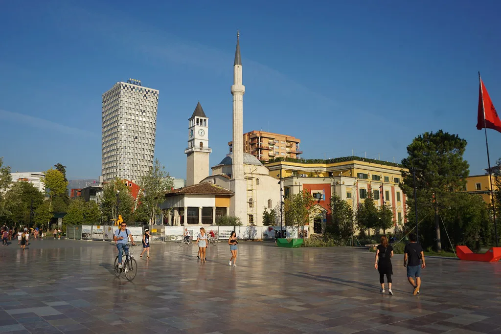 Skanderbeg Square in Tirana with the Et'hem Bey Mosque and the clock tower.