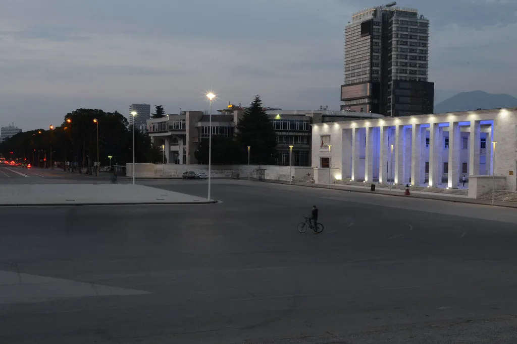 Mother Teresa Square in Tirana at dusk.