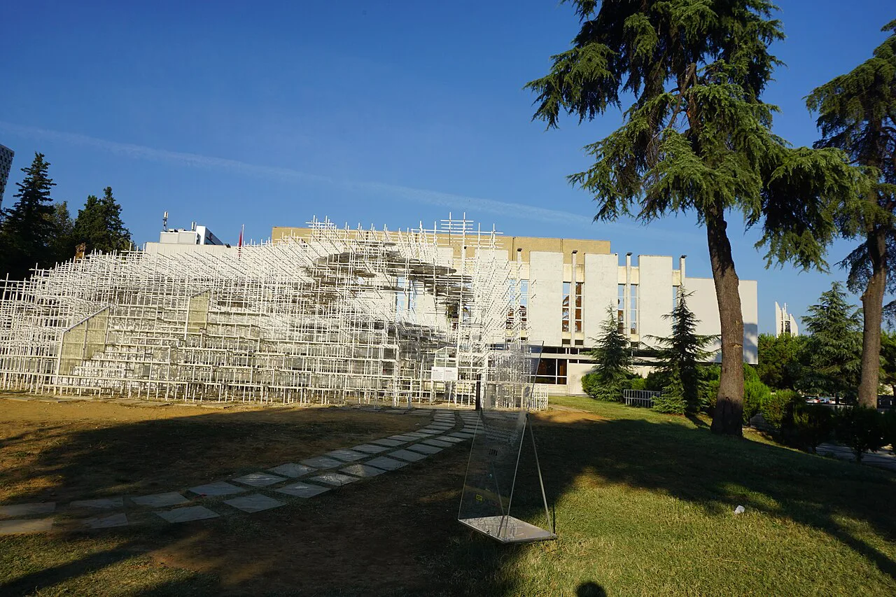 The National Arts Gallery in Tirana behind a temporary scaffold structure.