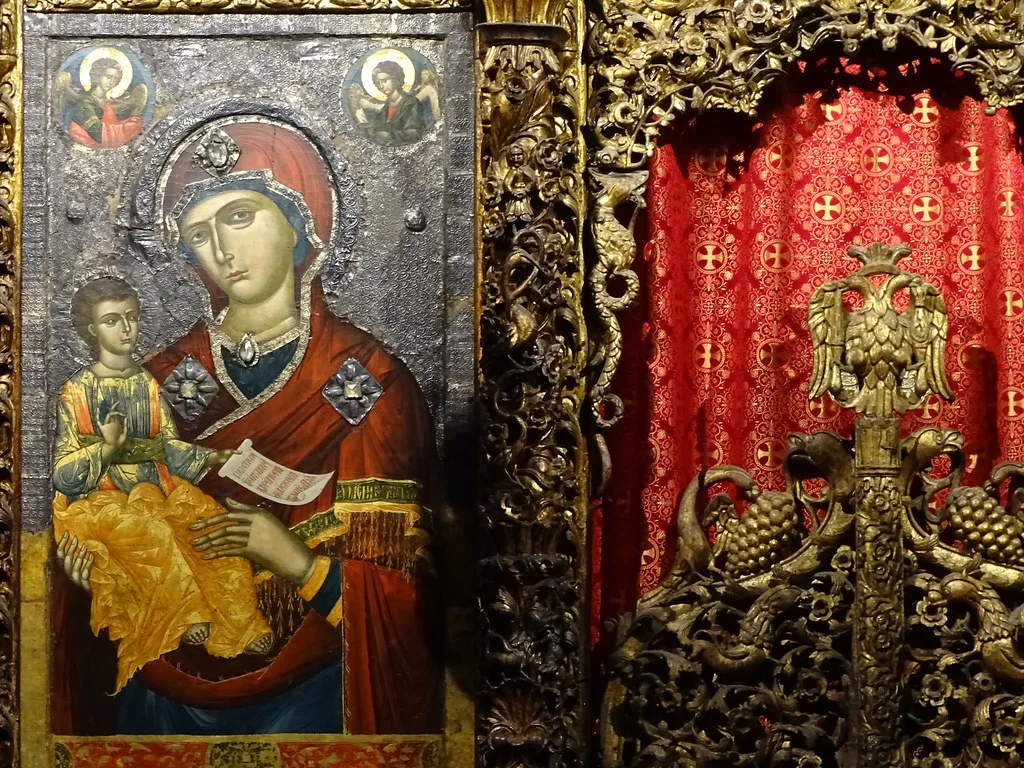 Detail of an icon of the Virgin and Child in the Church of the Dormition of St Mary, home of the Onufri Museum.