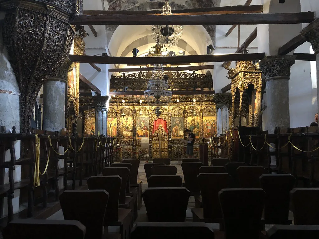 The gilded iconostasis inside the church that houses the Onufri Museum in Berat Castle.