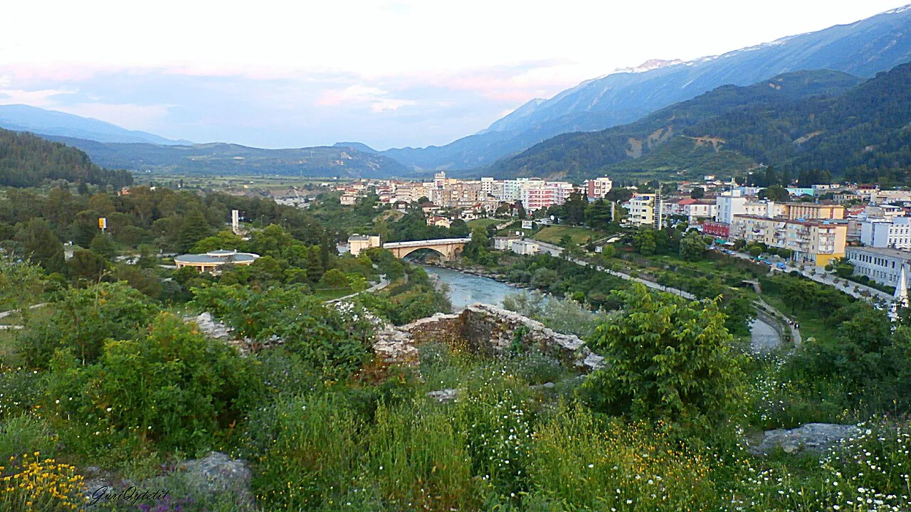 Përmet and the Vjosa valley below the mountains.