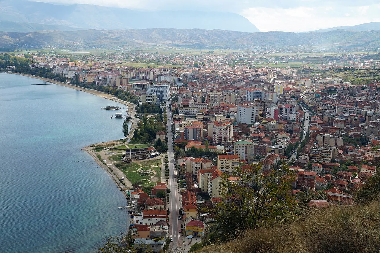 Pogradec and the Lake Ohrid shoreline seen from Kalaja hill.