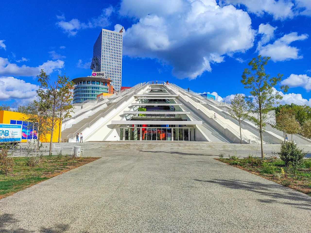 The renovated Pyramid of Tirana with its stepped sides and colourful blocks.