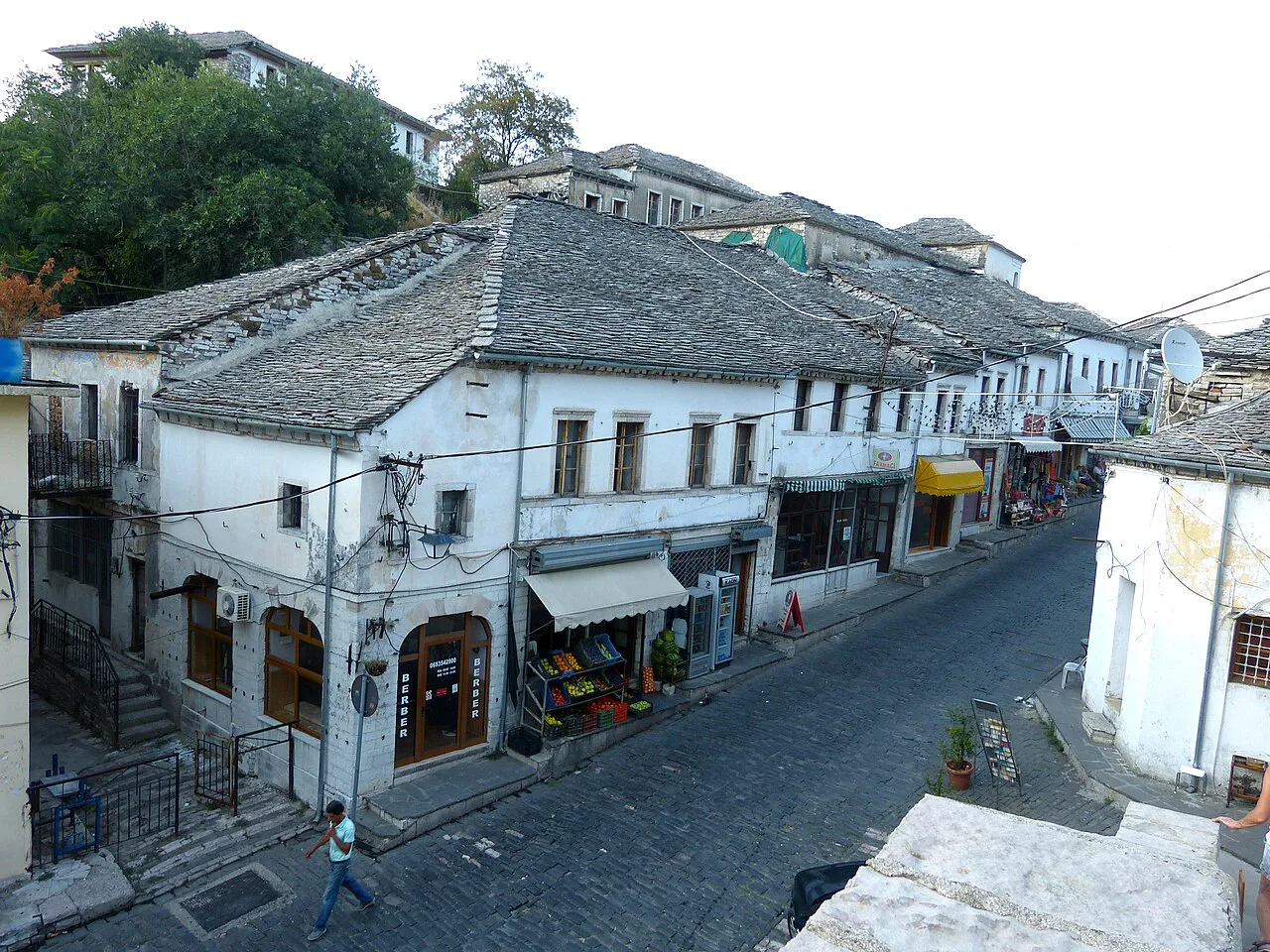 Stone houses and shops along the old bazaar street in Gjirokastër.