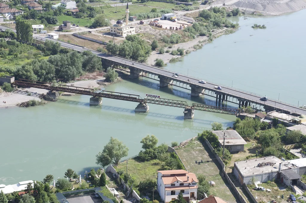 View from Rozafa Castle over the river and bridges below Shkodër.