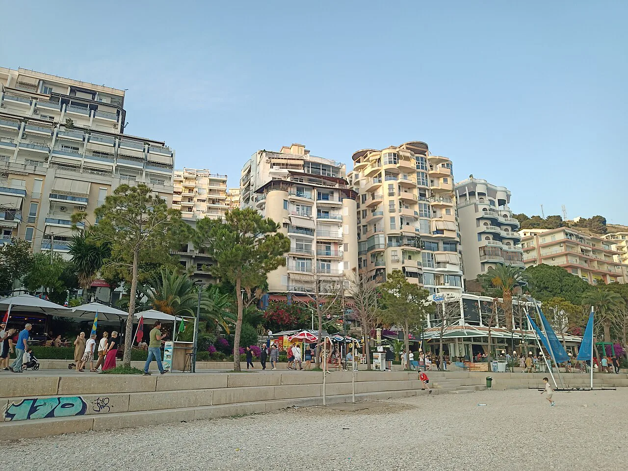 Seafront hotels and apartment blocks above the town beach in Sarandë.
