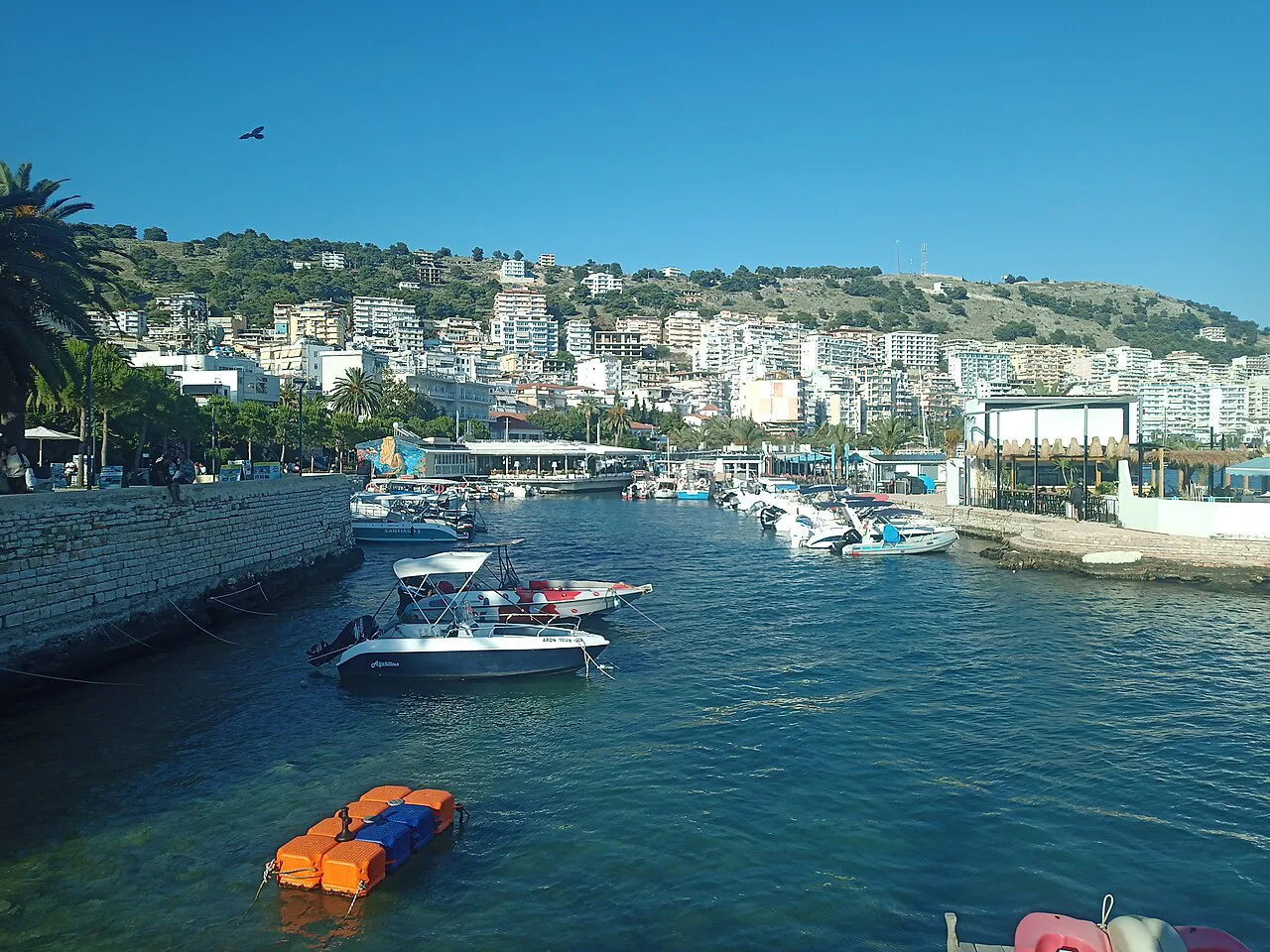 Small boats moored in the harbour at Sarandë.