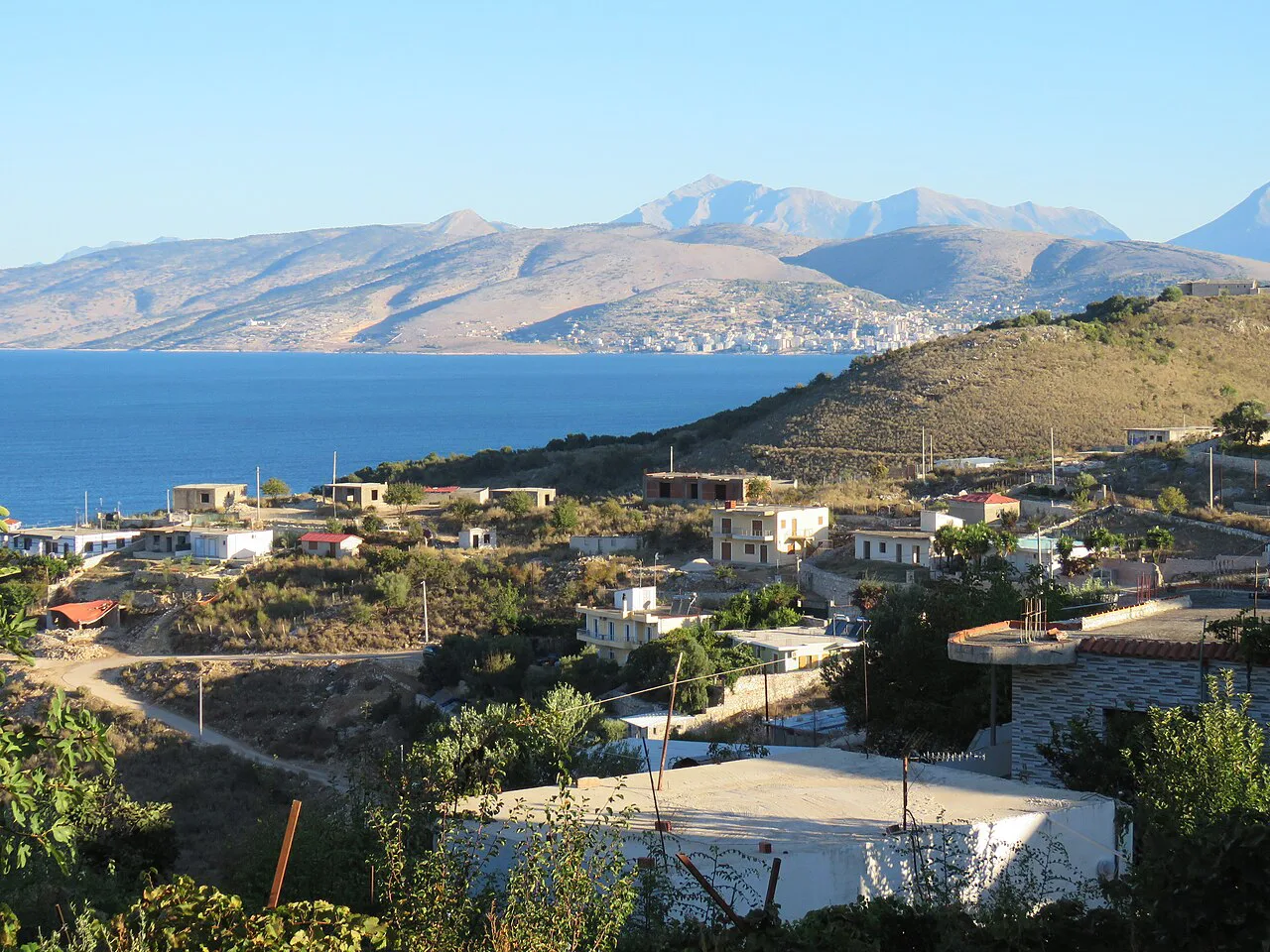 Sarandë and the bay seen from Manastir in the early morning.