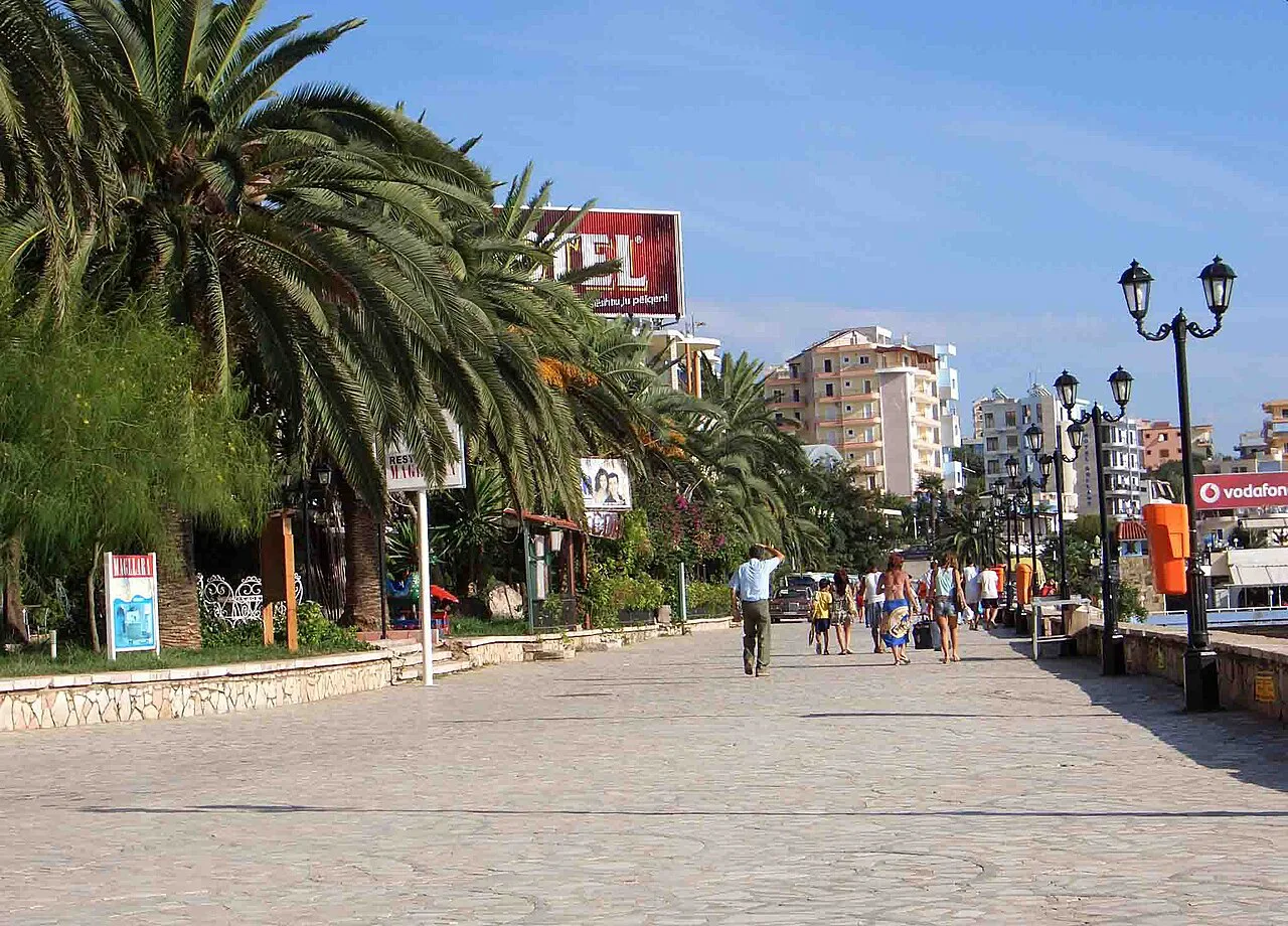 Palm trees lining the shore promenade in Sarandë.