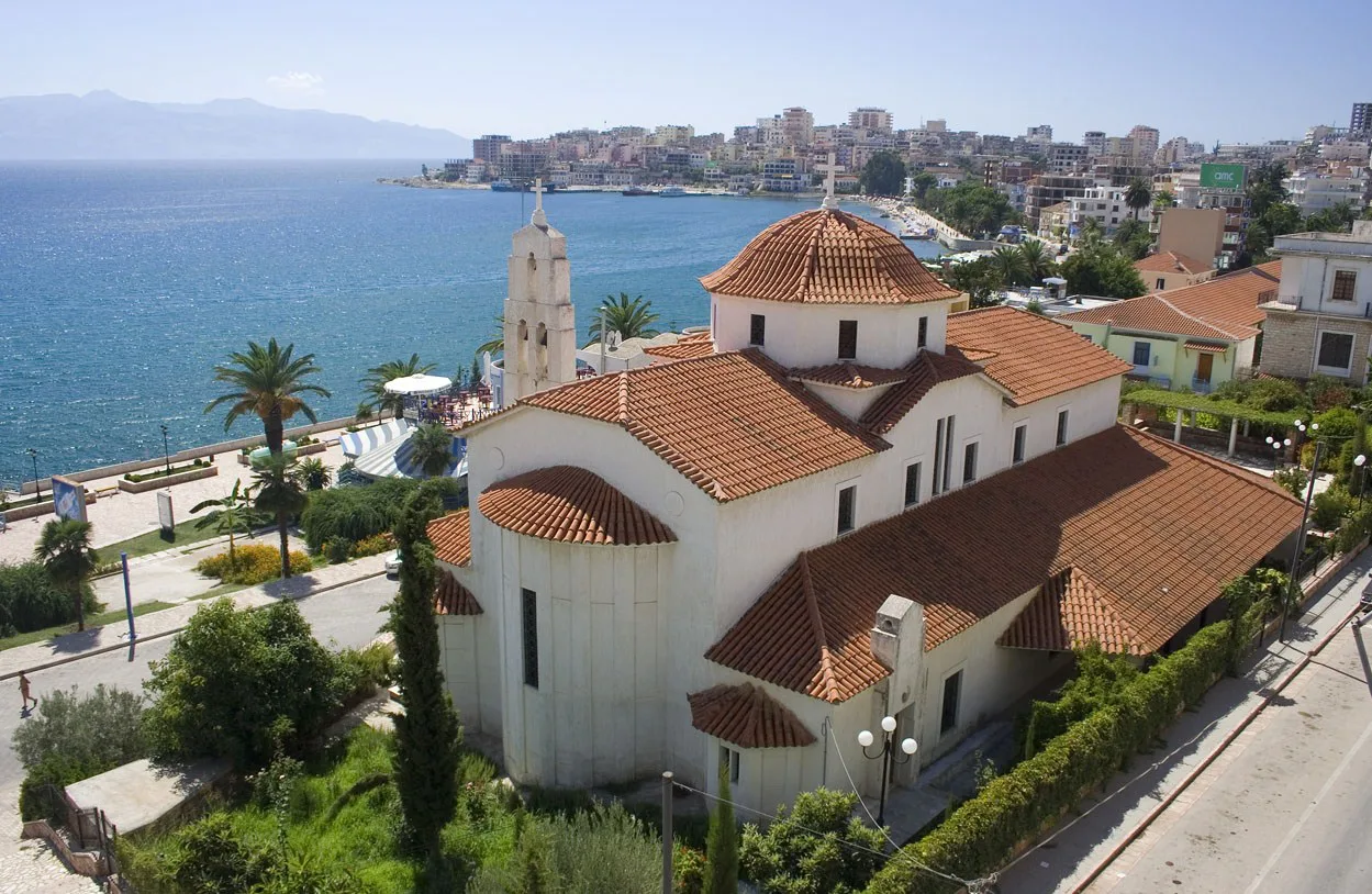 An Orthodox church above the seafront in Sarandë.
