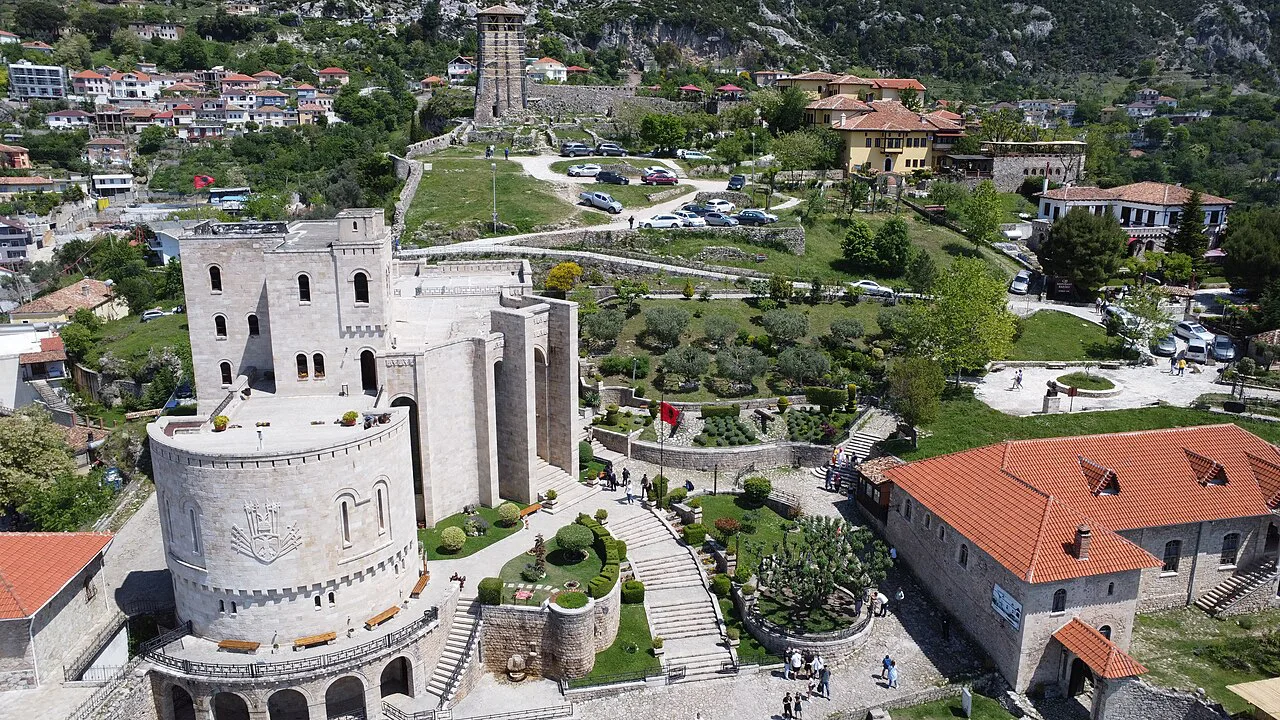 Krujë Castle with its clock tower, near the Sari Salltik shrine above the town.