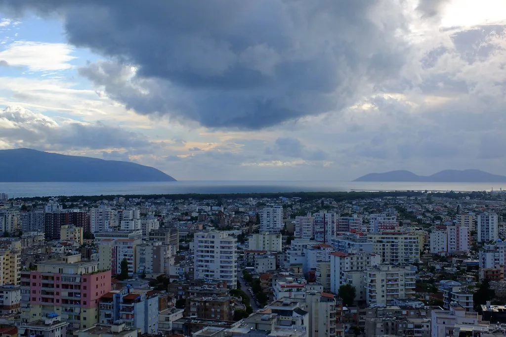 Rooftops of Vlorë looking out over the bay towards the Karaburun peninsula and Sazan Island.