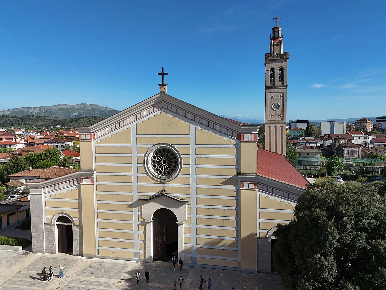 The Catholic Cathedral of Shkodër and its bell tower.