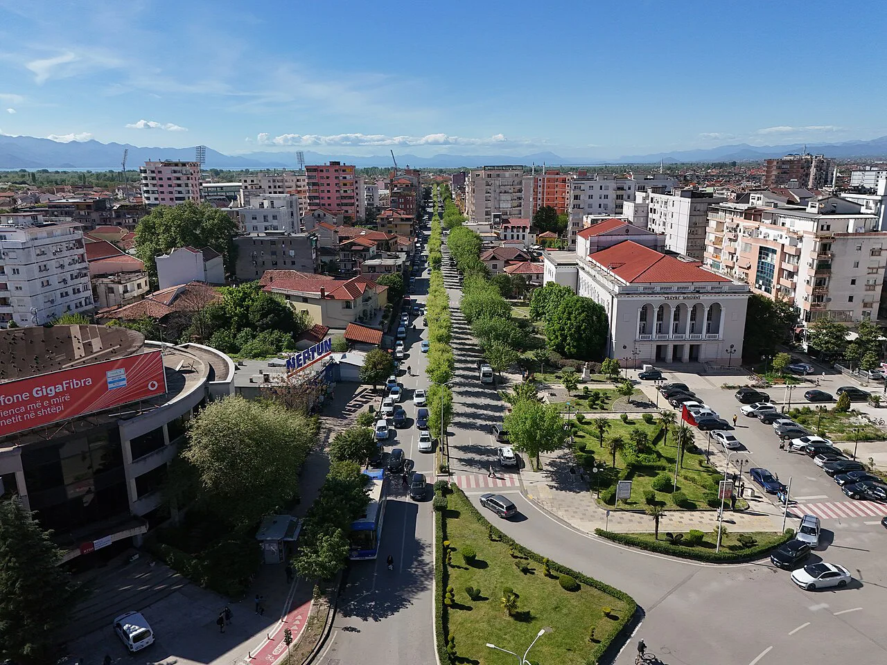 Aerial view of central Shkodër around the Migjeni Theatre.