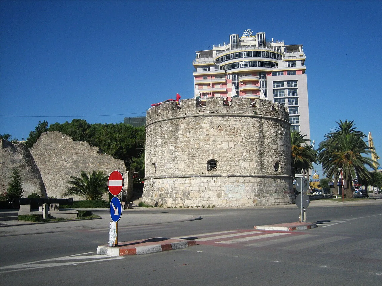 The round Venetian Tower beside a main road in central Durrës.