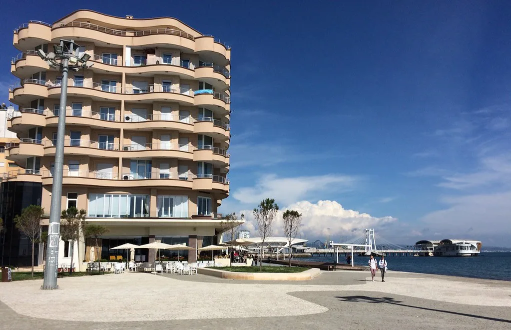 Seafront apartment blocks along the promenade in Durrës.