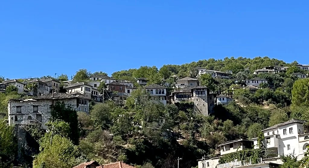 Ottoman-era houses on the hillside around Skenduli House in Gjirokastër.