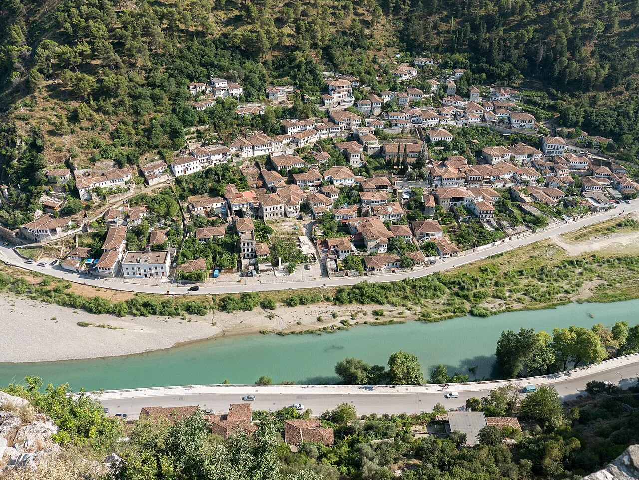 The old city of Berat and the Osum river from above.