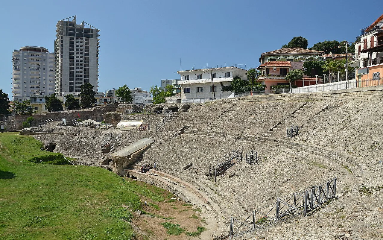 The Roman amphitheatre of Durrës, surrounded by the modern city.