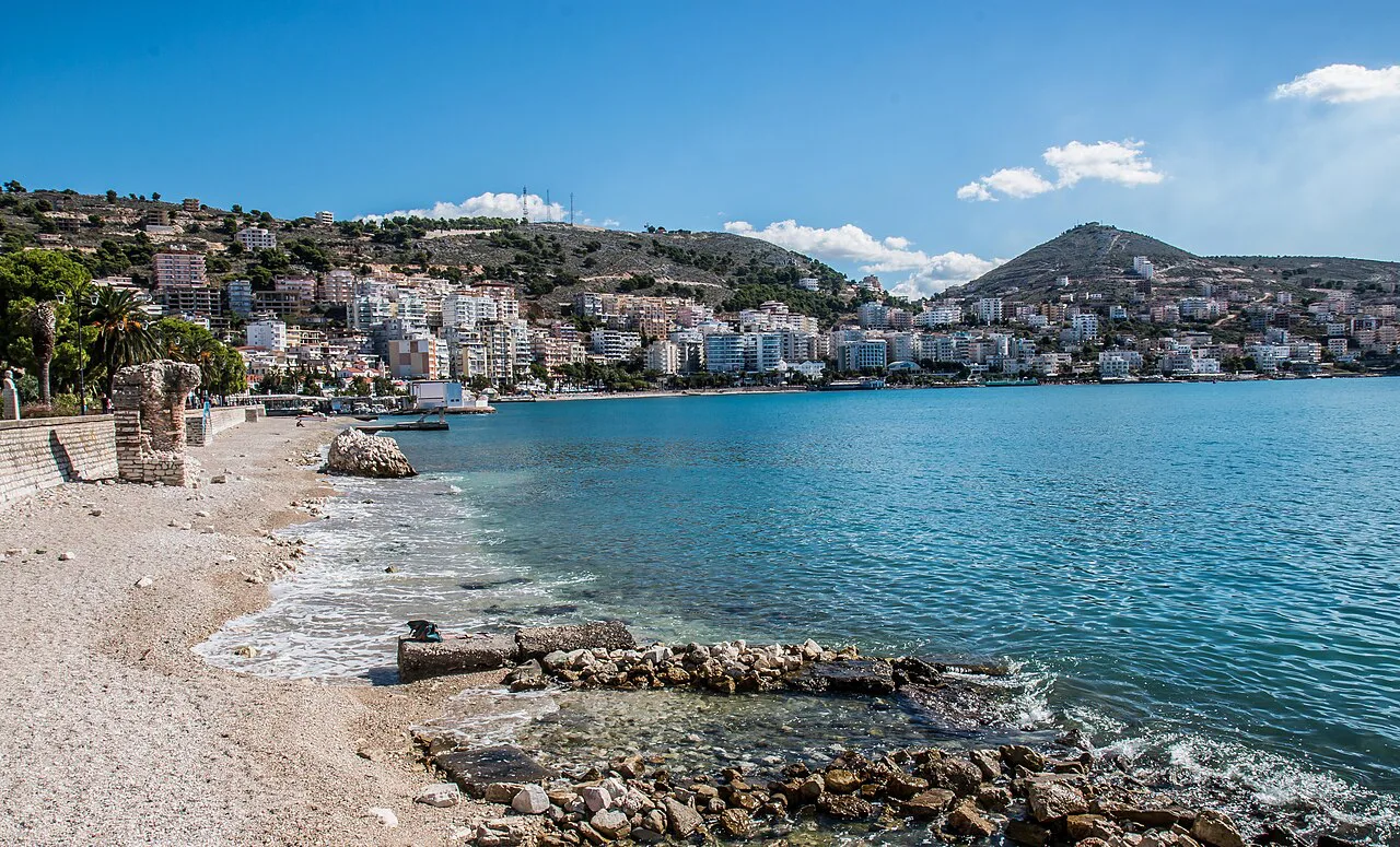A pebble beach on the bay of Sarandë.
