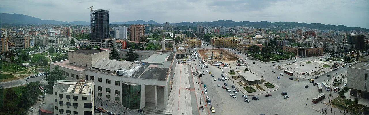 A panorama over central Tirana towards Skanderbeg Square.
