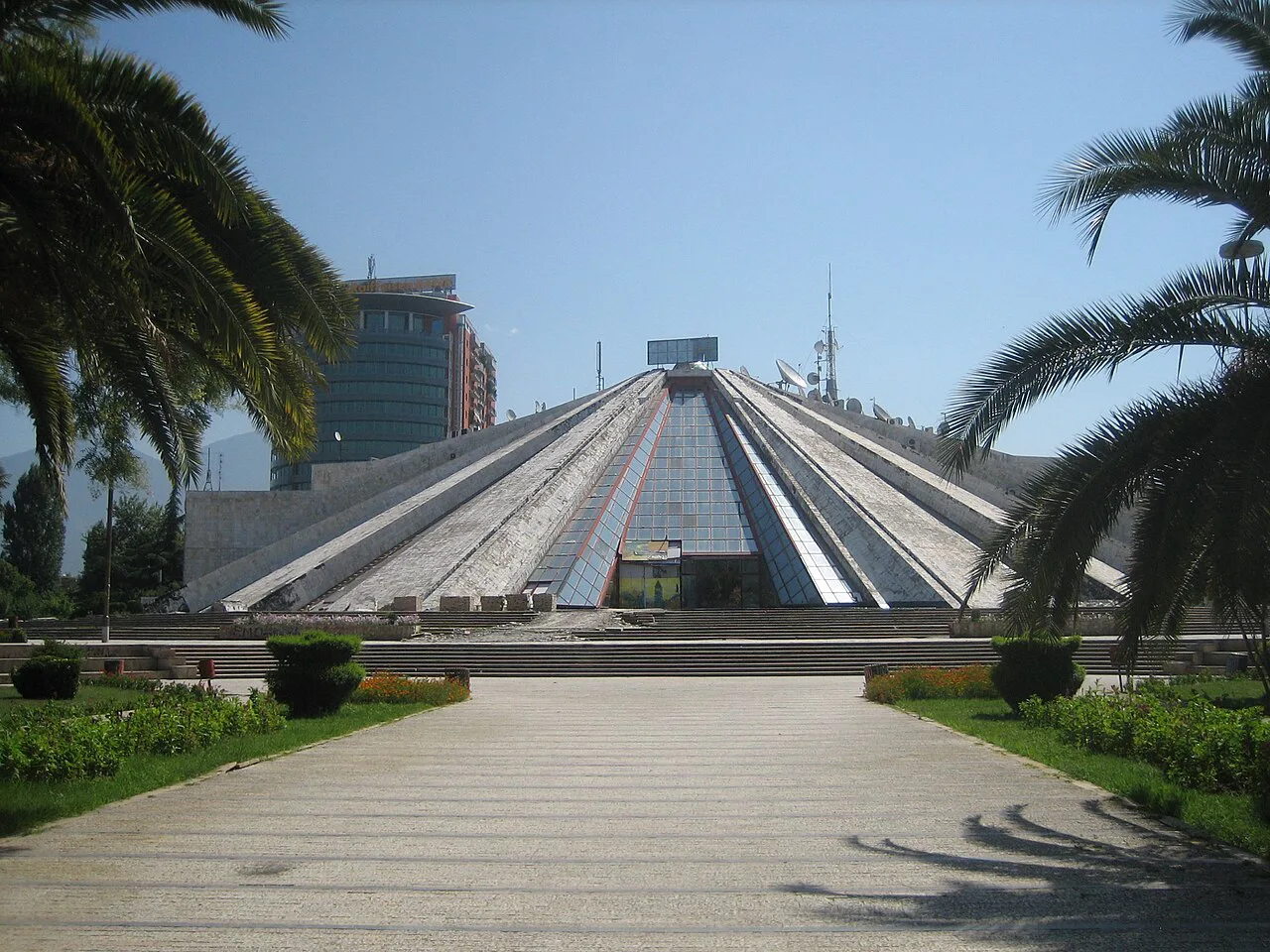 The Pyramid of Tirana, the former Enver Hoxha Museum, seen along its approach path.