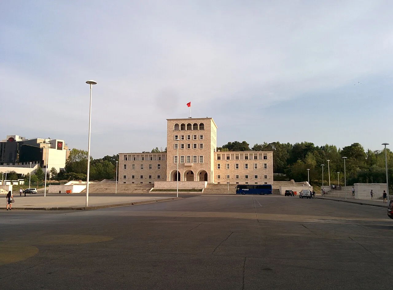 The University of Tirana building on Mother Teresa Square.