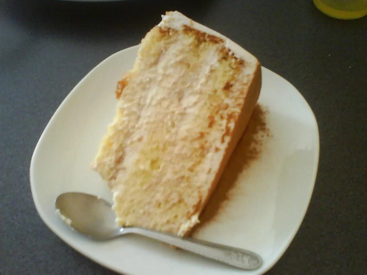 A portion of tres leches cake with cinnamon, close relative of Albanian trileçe.
