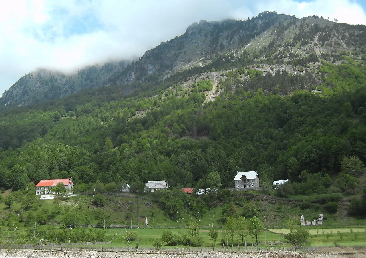 Houses scattered below wooded mountain slopes in Vermosh.
