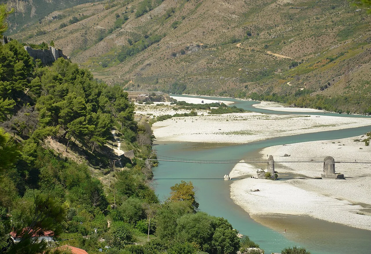 The braided Vjosa River near Tepelenë.