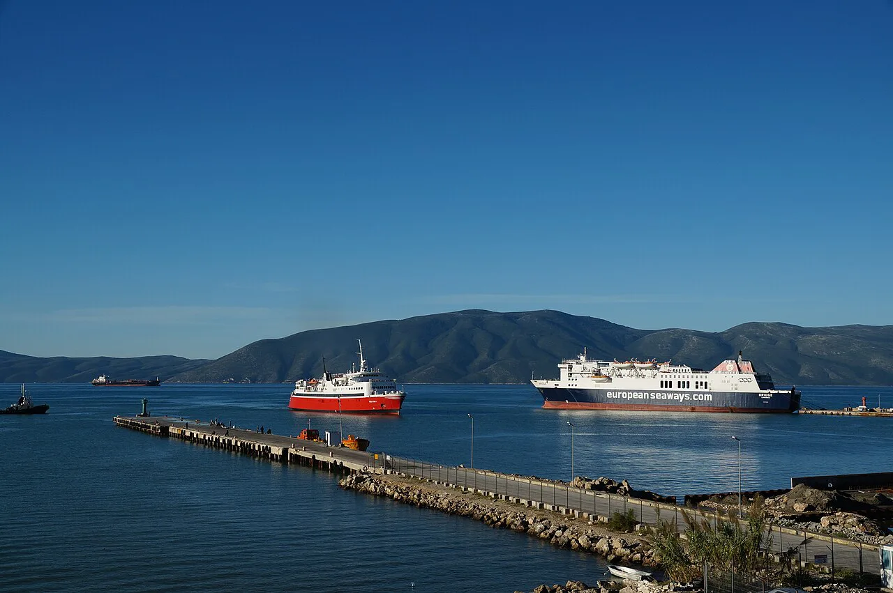 Ferries in the Port of Vlorë with the Karaburun Peninsula behind.