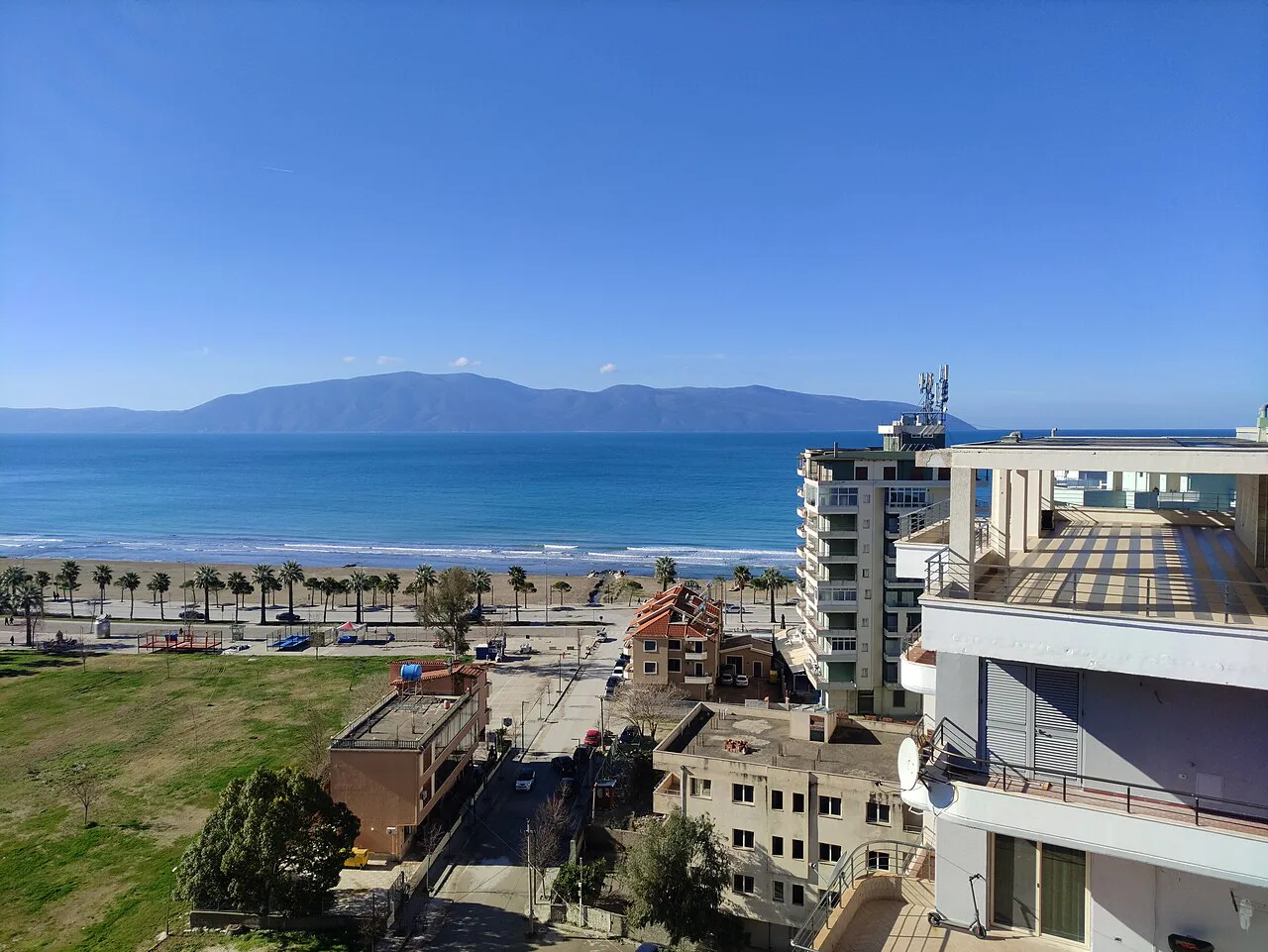 The Vlorë seafront and bay seen from above the town.