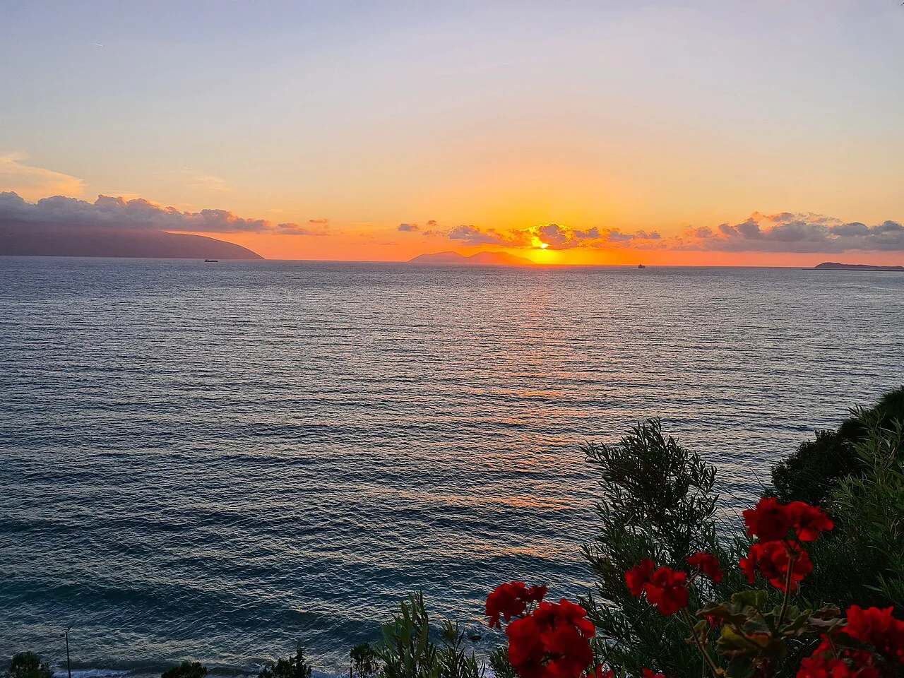 The sun setting over the sea at Vlorë, with red flowers in the foreground.
