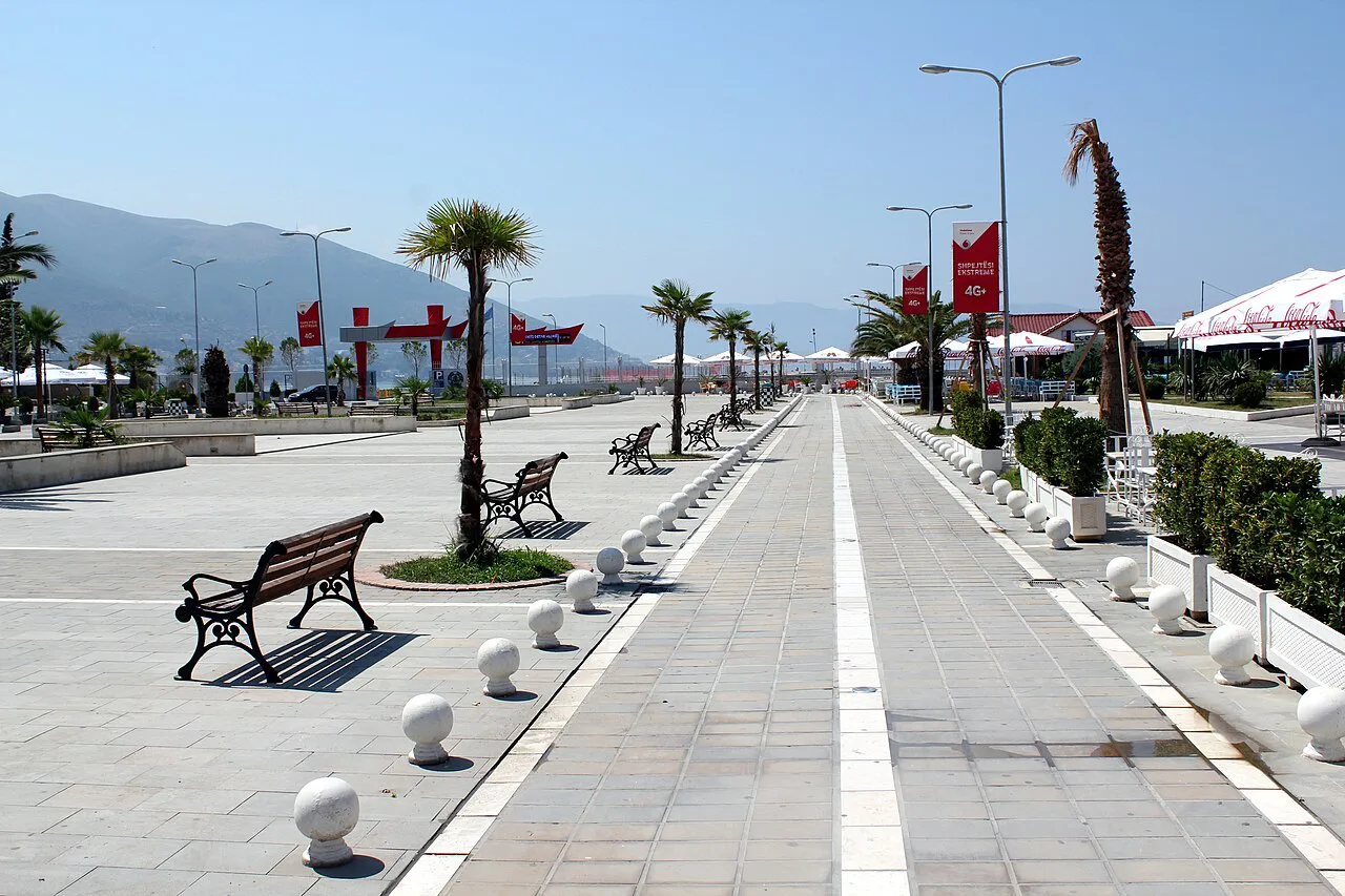 The palm-lined Independence Square in Vlorë.