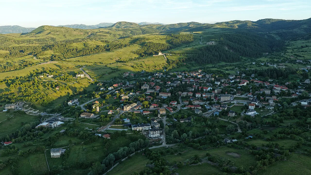 Aerial view of the mountain village of Voskopojë.