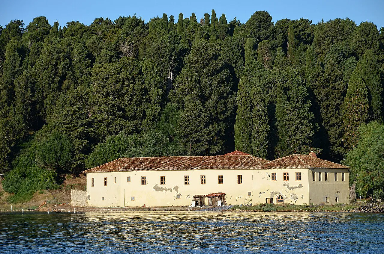 Zvërnec Island and its monastery in the lagoon near Vlorë.
